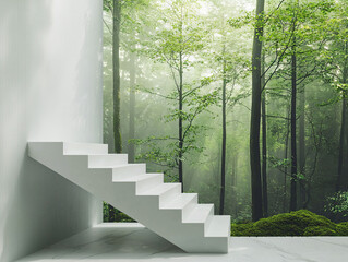 Modern White Stairs Against Serene Green Forest Background
