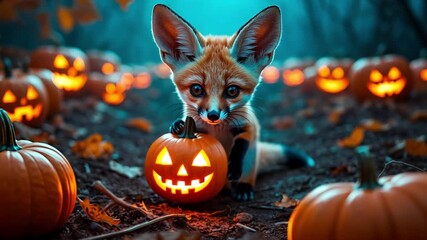 Adorable fennec fox cub cuddling a carved, glowing pumpkin in a festive Halloween atmosphere, surrounded by a spooky autumn night - Powered by Adobe