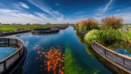 Obraz premium Fish ponds with koi, calm water, and vegetation