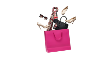 Elegant Women's Fashion Accessories PNG Beautifully Arranged Inside a Pink Shopping Bag PNG