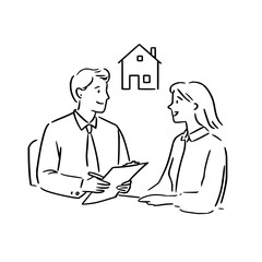 Man and woman discussing real estate with house icon above them in a simple black and white drawing style