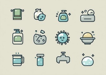 Cute, minimalist icons depicting various cleaning and hygiene products