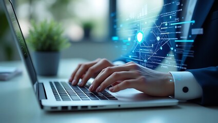 Businessman typing on a laptop keyboard with a futuristic digital interface overlay showing glowing data analytics and network charts.