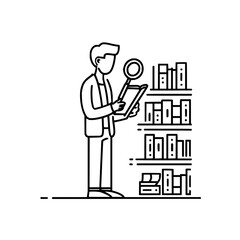 Man in suit examining a book with a magnifying glass next to a bookshelf filled with books in black and white