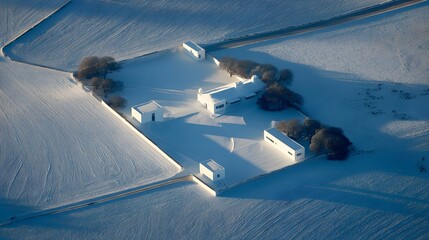 Aerial view of a snow-covered compound of white structures.