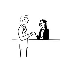 Man in suit handing card to woman behind counter in black and white minimalist line drawing style art