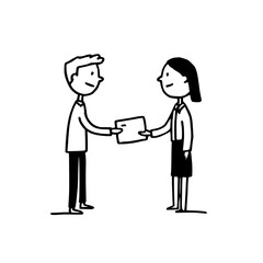 Obraz premium Man and woman exchanging a document in a simple black and white line drawing style on a white background