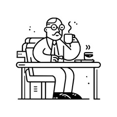 Illustration of a man with glasses and mustache sitting at a desk drinking coffee with another cup nearby
