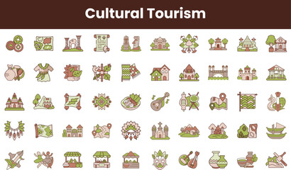 A vibrant collection of cultural tourism icons, featuring traditional attire, landmarks, and artifacts, showcasing the essence of rich cultural heritage.