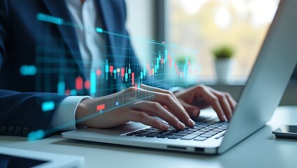 Businessperson analyzing financial data on a laptop with a futuristic holographic stock market chart display. A closeup on hands typing.