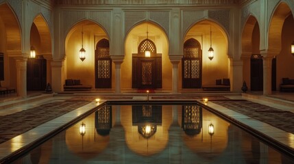 A serene, light-filled, ornate courtyard