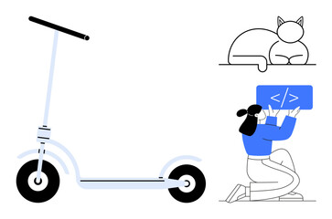 Electric scooter emphasizes mobility, woman interacts with web content, cat symbolizes relaxation. Ideal for technology, lifestyle, transportation, coding, pet care, creativity simple landing page