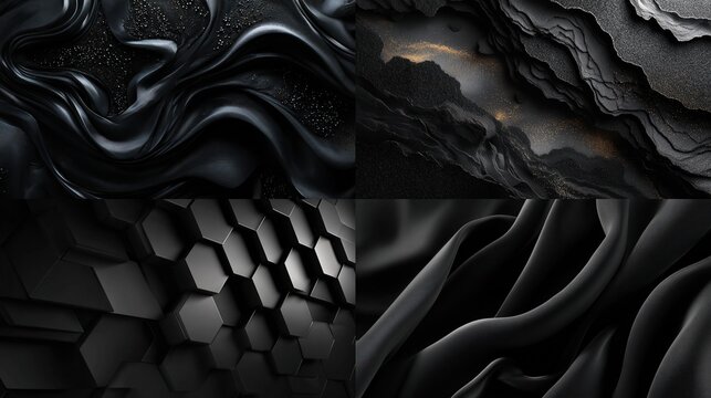 Dark collage with textures fabric, rocks, hexagons, and smooth waves
