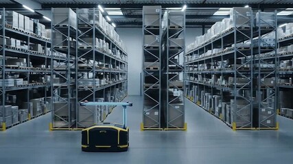 Automated warehouse robot navigates modern logistics facility among towering shelves of products. - Powered by Adobe