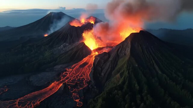 A mesmerizing view of an active volcano erupting with molten lava flowing down its slopes, surrounded by a dramatic landscape at sunset, showcasing natures raw power