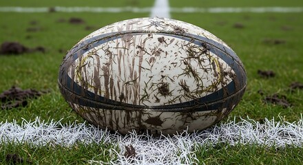 A muddy rugby ball rests on the grass field, positioned on a white line, showing signs of a recent game.