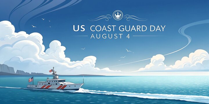 Us coast guard day august 4th illustration of a cutter ship sailing on the ocean under a bright blue sky with fluffy clouds and a distant coastline