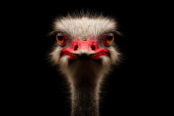 Ostrich head on black background, curiosity and development
