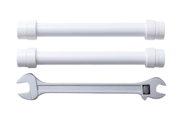 Two white plastic pipes and two adjustable wrenches