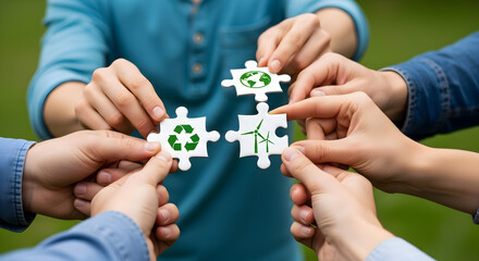 Team connects ecology puzzles outdoors, emphasizing green initiatives. Use Corporate responsibility