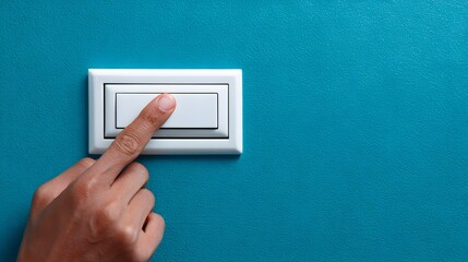 Hand turning a light switch on a teal wall.