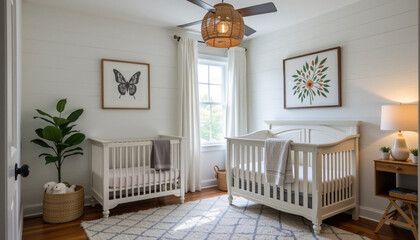 Modern farmhouse nursery featuring shiplap walls, two cribs, and natural decor elements, creating cozy and inviting atmosphere