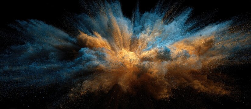 Blue gold powder explosion against black background. Design element