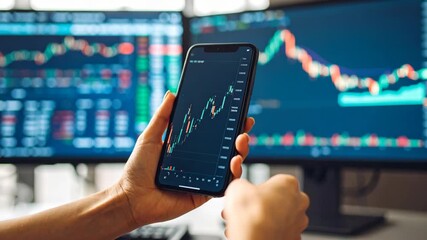 A person's hand holding a smartphone displaying stock market data with charts in the background. - Powered by Adobe