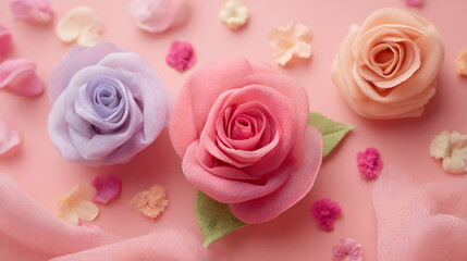 Fototapeta premium Pastel Rose Shaped Fabric Arrangement on Pink Background