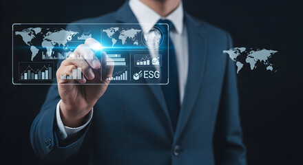 Business Man analyzing Data, Charts, and World Map on a Virtual Touchscreen Display in Dark Background