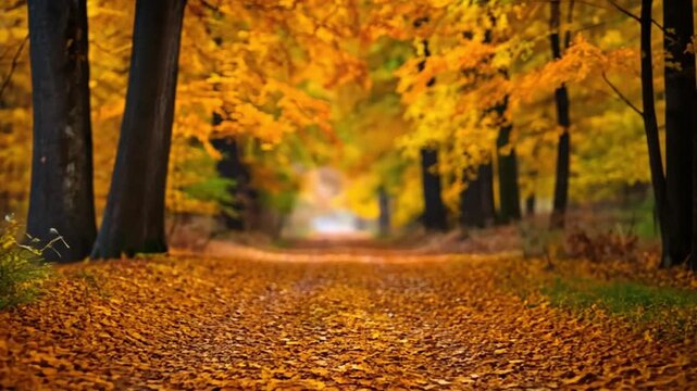 Pathway winding through an autumn forest, adorned with vibrant fallen leaves in warm hues of gold, yellow, and orange