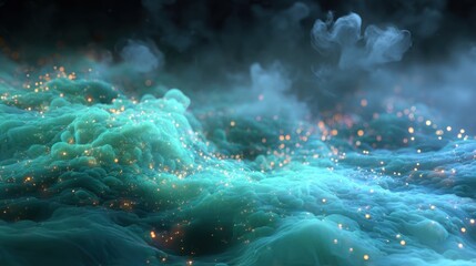 Digital simulation depicting carbon dioxide gas interacting with ocean water generating vibrant glowing bicarbonate ions amid dynamic currents.