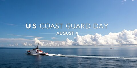 Us coast guard day august 4th a tugboat sails across a calm blue ocean under a bright sky with fluffy white clouds celebrating maritime service and national pride