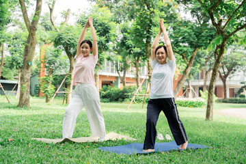 Two women enjoying yoga in a lush park embracing wellness and fitness in a serene environment