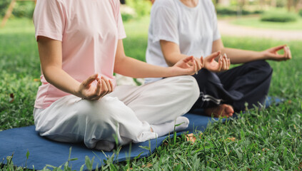 Two women meditating outdoors in a serene grassy setting embracing mindfulness and relaxation