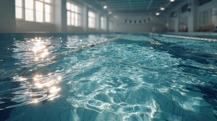 Obraz premium A serene indoor swimming pool with shimmering water reflecting light, creating a calming atmosphere.