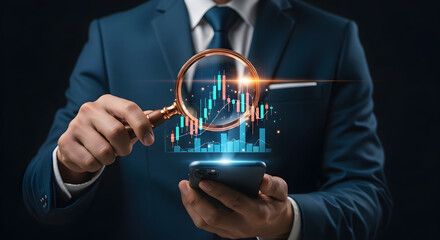 Analyst with Magnifier Examines Phone Data Charts; Dark Backdrop. Financial analysis use
