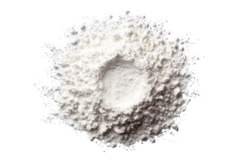 A top-down view of a mound of white flour, centered with a hollowed-out well. The flour has a textured, slightly uneven surface, radiating outwards from the central depression