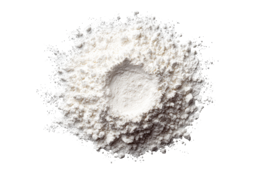 A top-down view of a mound of white flour, centered with a hollowed-out well. The flour has a textured, slightly uneven surface, radiating outwards from the central depression