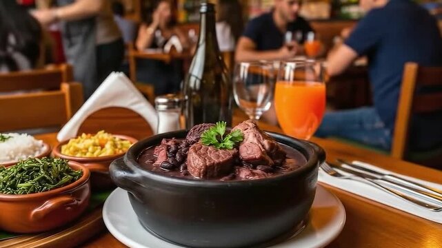A close up of feijoada with side dishes and drinks on a wooden table in a restaurant setting