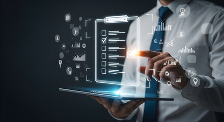 Man reviews digital checklist on a tablet, hovering icons/graphs, future business use