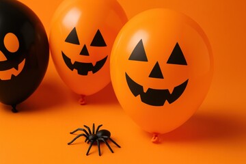 Halloween Party Decorations Closeup of Black and Orange Balloons with Jack-o'-Lantern Faces Festive Atmosphere Indoor View