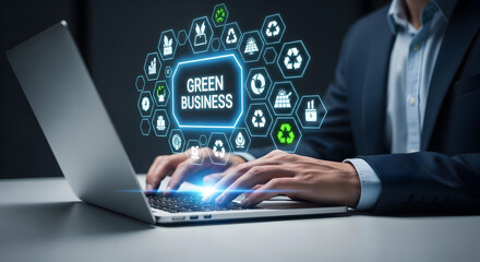 Business Man Typing on Laptop Surrounded by Eco Friendly Icons. Illustrates Green Solutions