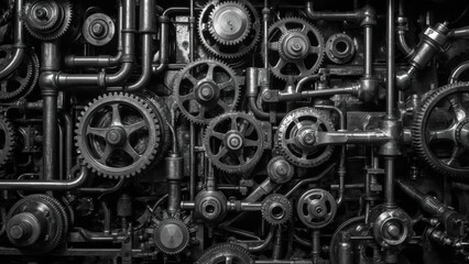 Intricate Clockwork Mechanism with Many Gears and Pipes in a Steampunk Aesthetic