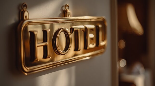 A polished gold hotel sign glimmers softly, reflecting light in a stylish interior, creating an inviting atmosphere for guests.