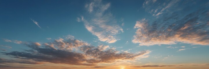 Beautiful Sunset Sky with Colorful Clouds and Bright Sun Near Horizon