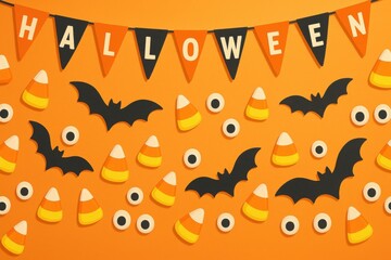 Spooktacular Halloween Party Decor with Candy Corn Bats and Pennant Flags Festive Atmosphere Graphic Design Close-Up View