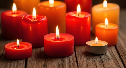 A Group of Warm Glowing Candles Lit on a Rustic Wooden Surface Creating a Cozy Atmosphere