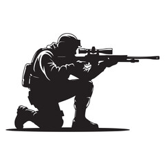 Silhouette of a tactical sniper soldier kneeling and aiming a rifle with a scope in a combat pose