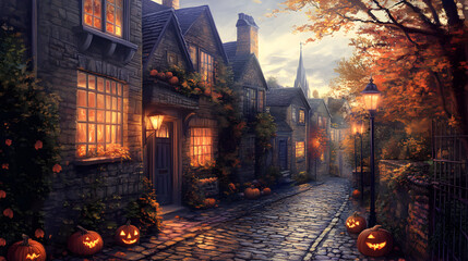 Autumn evening scene in a historic village with pumpkins